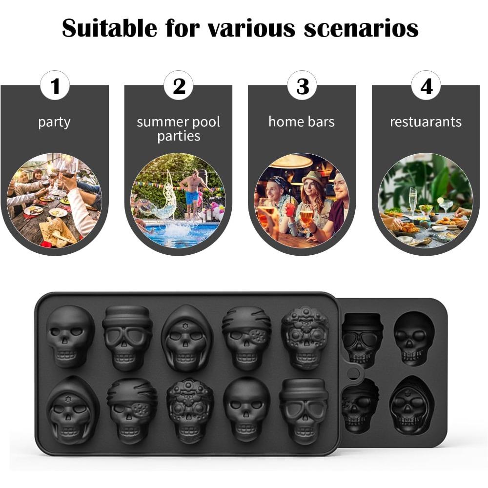 3 Pack 10 Cavities 3D Skull Ice Cube Mold Silicone Tray Maker Halloween Party Baking DIY Tools for Whiskey Cocktail Drinks