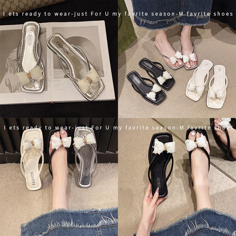 Bow pinch foot flip-flops female summer wear new gentle fairy style with skirt flat bottom cool slippers