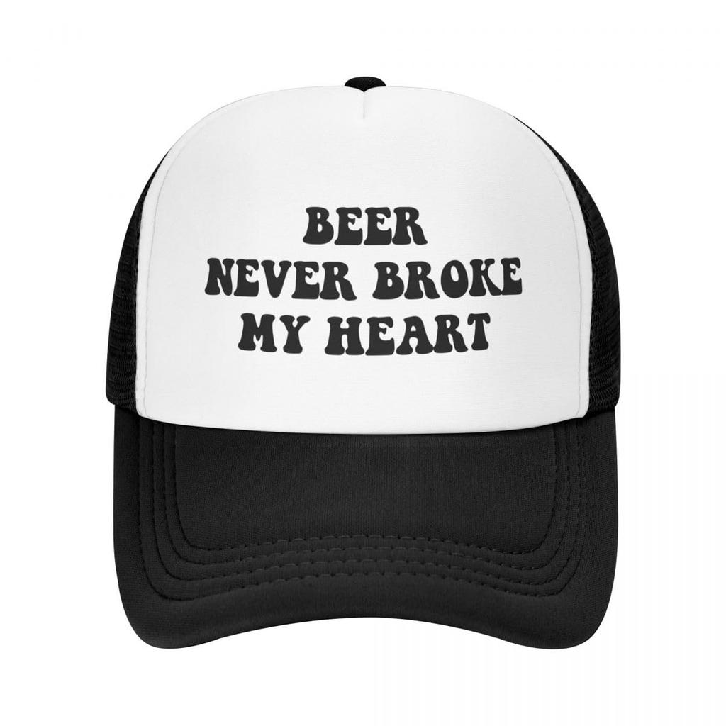 Beer Never Broke My Heart Trucker Hat Polyester Adjustable Snapback Casual Cap for Beer Lovers