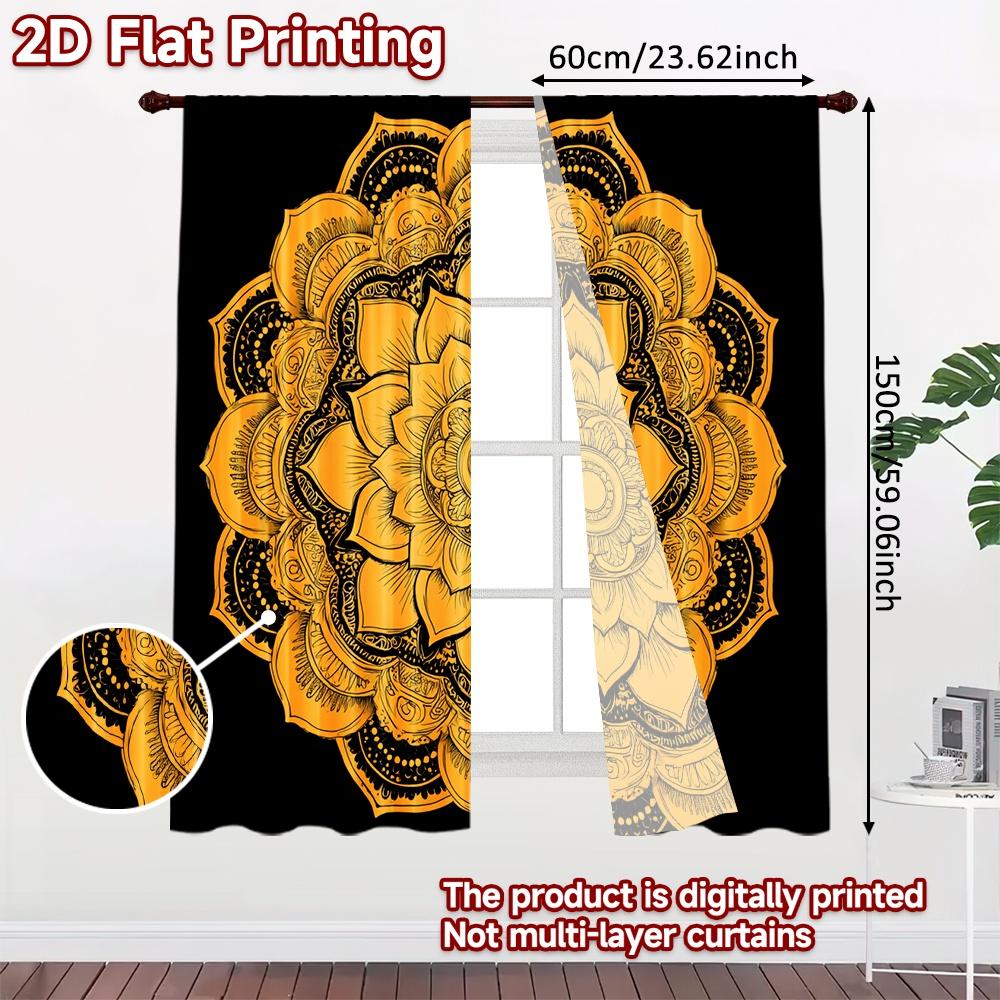 2D FLAT PRINTING 2pcs Curtains (Without Rod) Golden Mandala Design Valentine is day Festival Fashion Curtains Durable Polyester