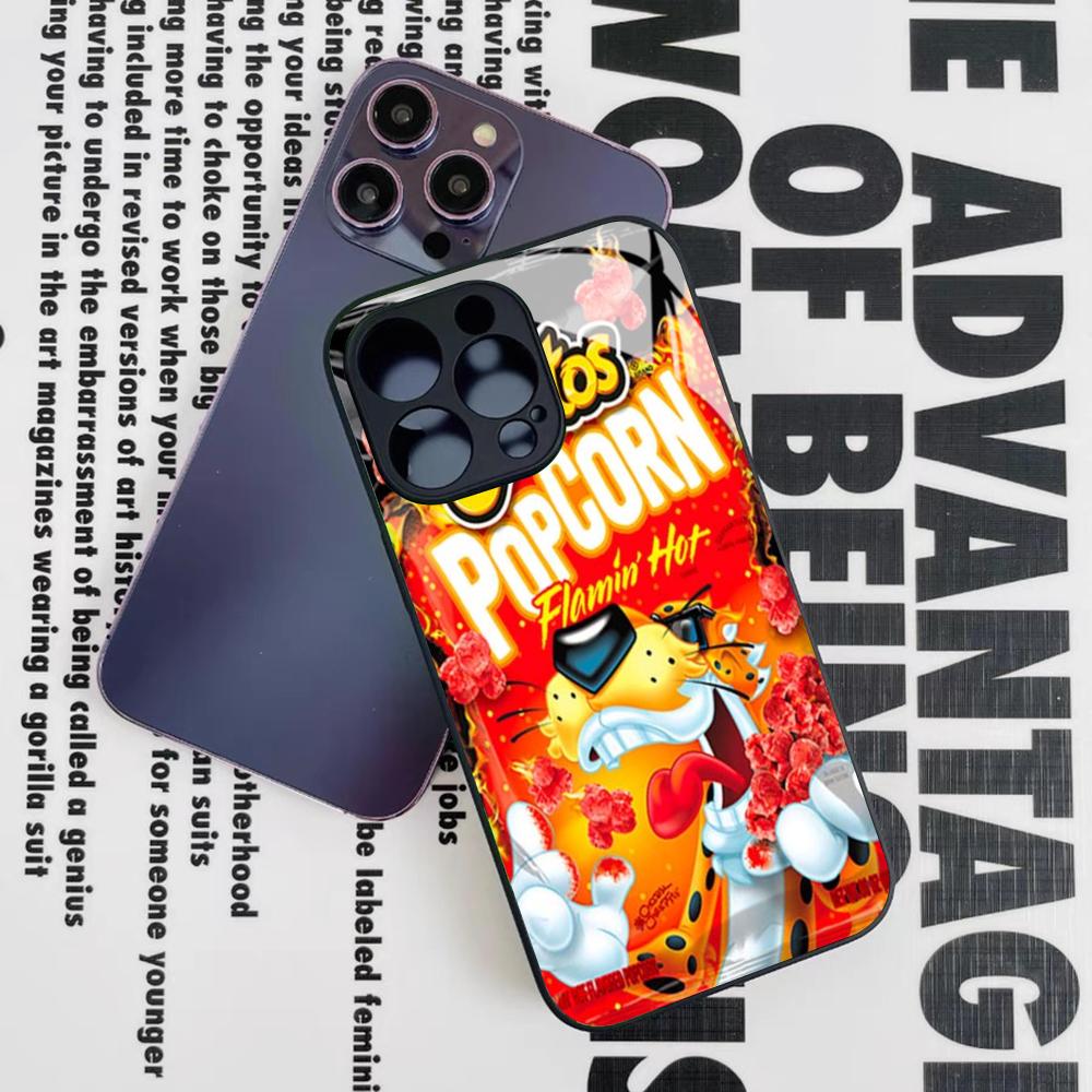 

snack food Cheetos Phone Case for Iphone 16 15 14 12 11 13 Pro Max Mini 8 X Xr Xs Puls Black Glass Cover iPhone16ProMax