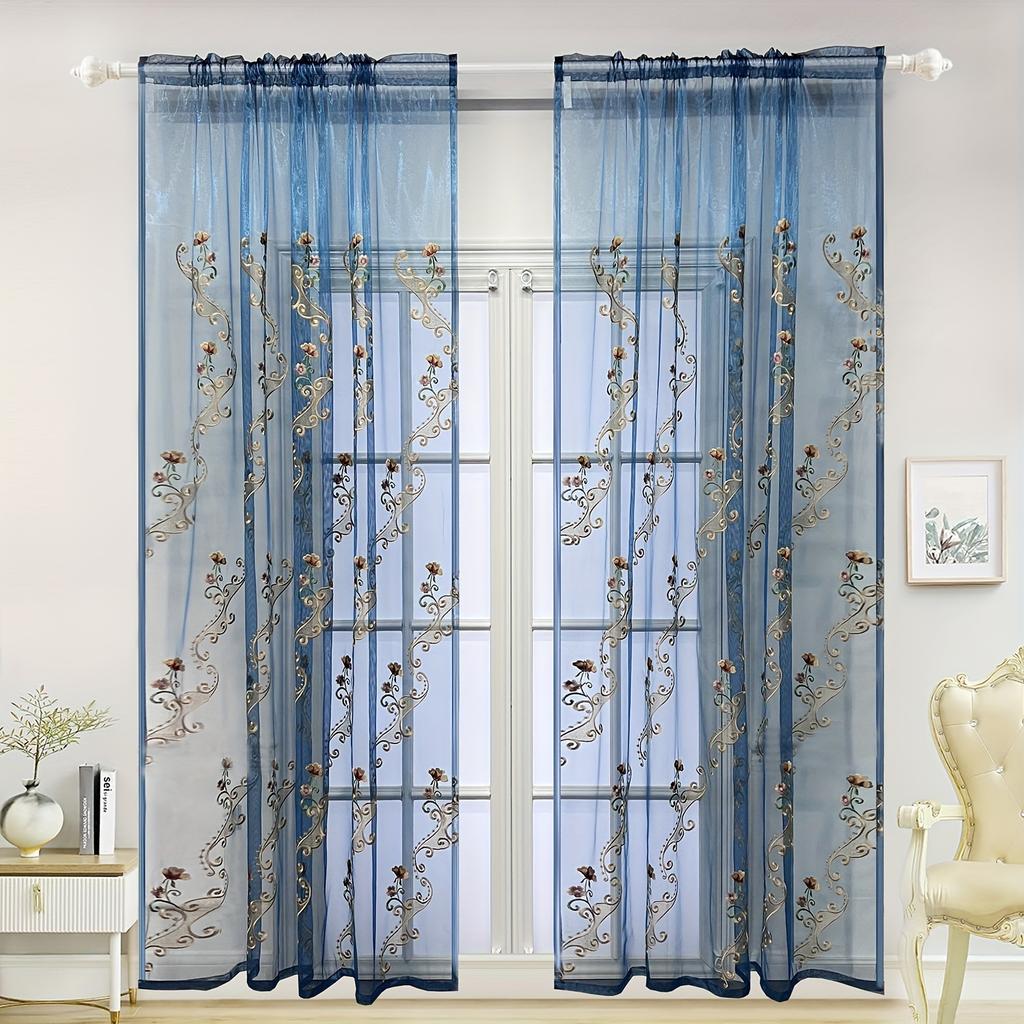 1-Panel Luxury Blue Embroidered Sheer Curtain - Light Filtering, Vintage Flower Pattern, Lace Voile Draperies for Living Room, Bedroom, Dining Room