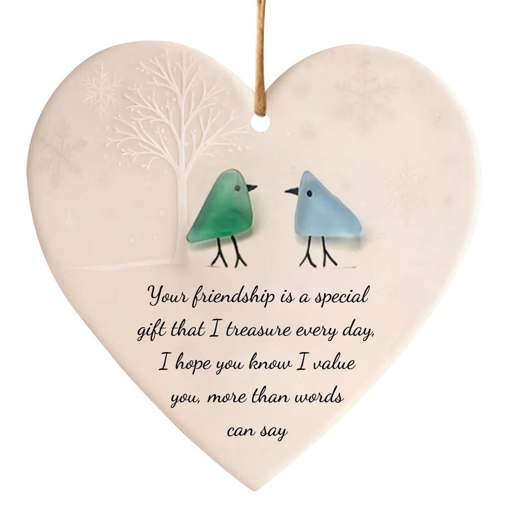Friendship Christmas Ornaments W/ Inspirational Quotes Sea Glass Heart Christmas Tree Hanging Ornaments for Friends Home Decor
