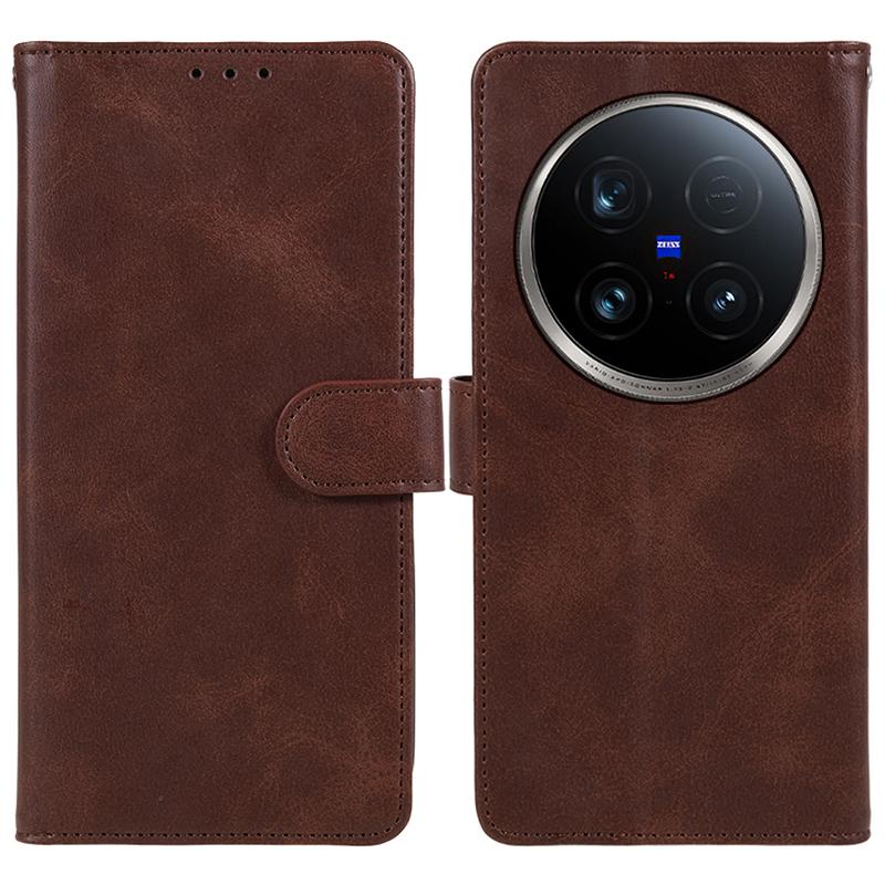 

For vivo X100 Ultra 5G Case Calf Texture Leather Wallet Phone Cover with Stand Card Holder Brown