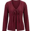 European and American Cable Knit Cardigan for Women, Early Autumn Thin V-Neck Tied Bow Long Sleeve Short Sweater Jacket