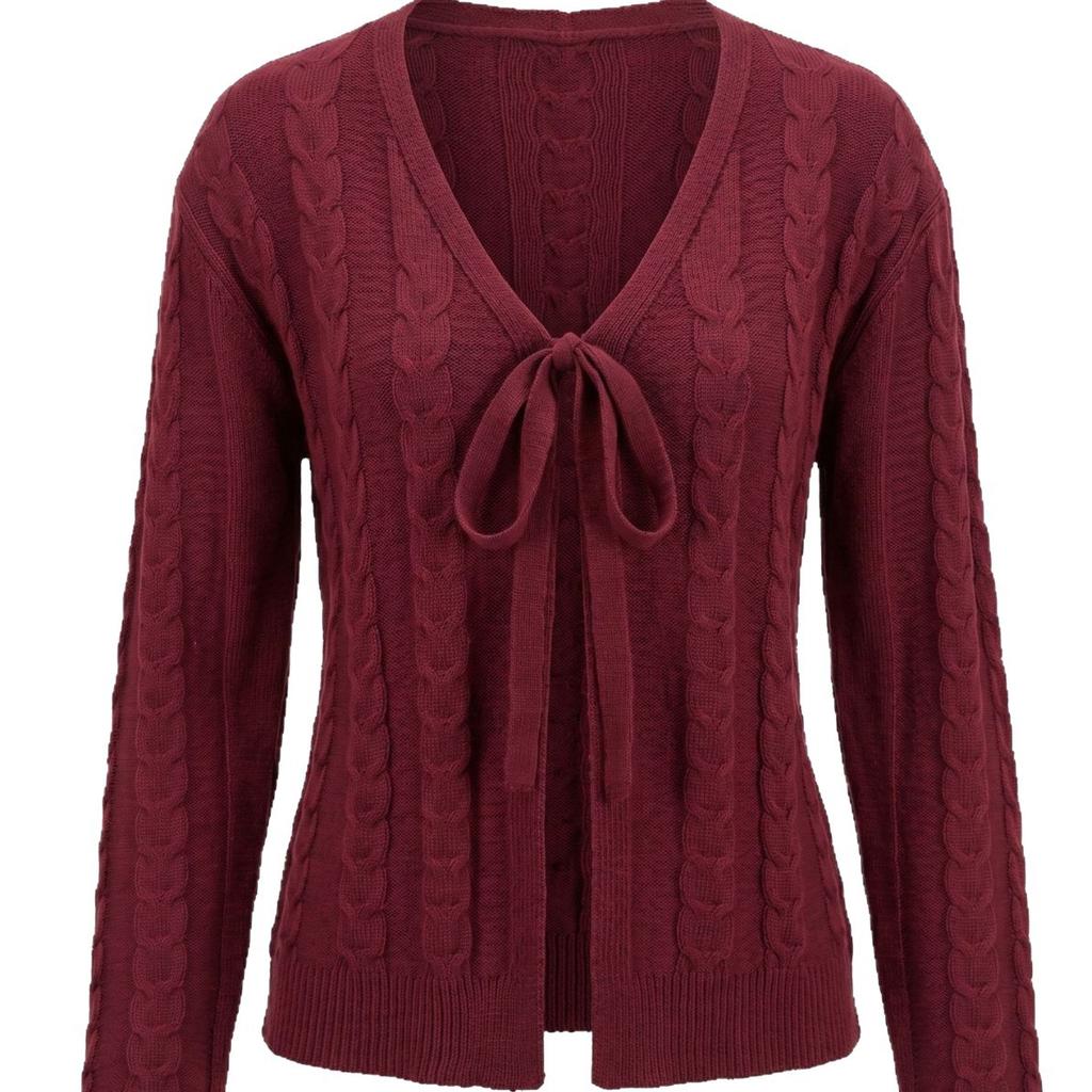 European and American Cable Knit Cardigan for Women, Early Autumn Thin V-Neck Tied Bow Long Sleeve Short Sweater Jacket