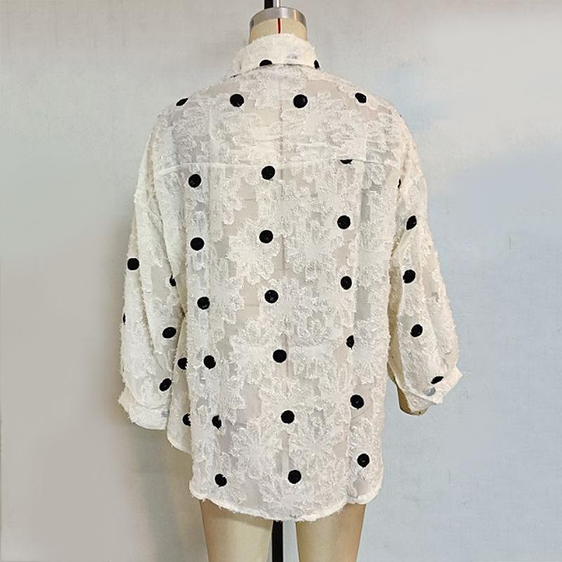 Women's Polka Dot Lapel Mesh Mesh Loose Single Breasted Long Sleeve Shirt