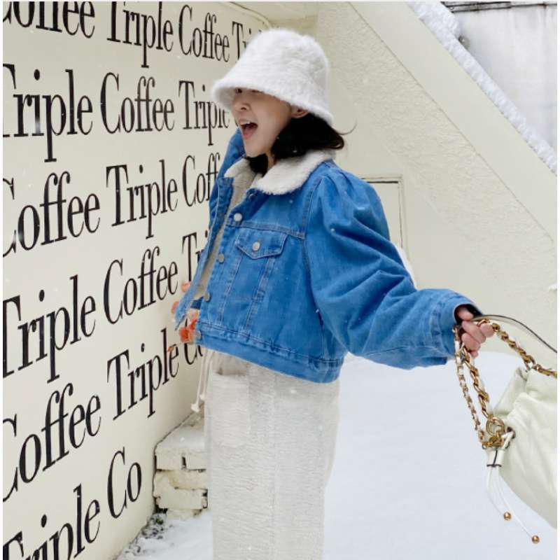 Kort denimjakke dame høst vinter vintage ny lammeskinnsspleiset kåpe avslappet knapp opp nedfelt krage jakke