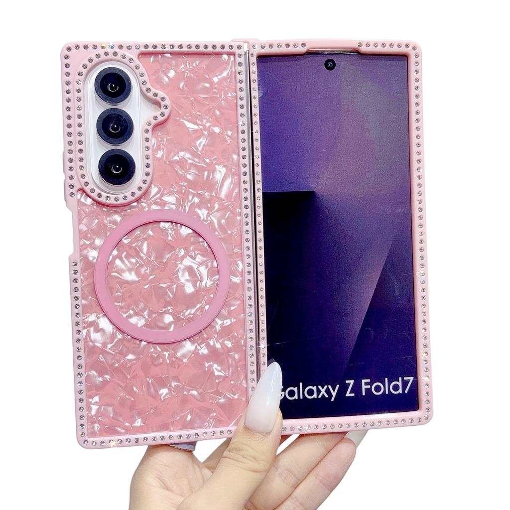 Modische Diamant-Gradient-Muschelmuster Magnetische Handyhülle Für Samsung Z Fold 7 6 5 4 3 Mit Lanyard und Band Stoßfeste Schlanke Hülle