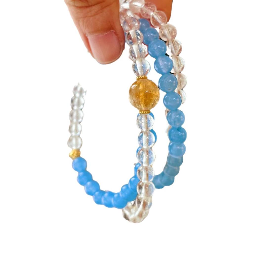 Vintage Natural White Crystal Aquamarine Quartzite Stone Bracelet Multi-Circle Bracelet.