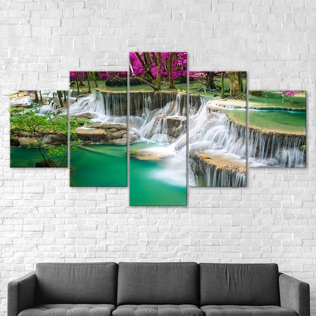Green Lake Waterfall Forest Canvas 5 Piece Five Panel Wall Print Modern Art Poster Picture Home Decor Gift For Him For Her