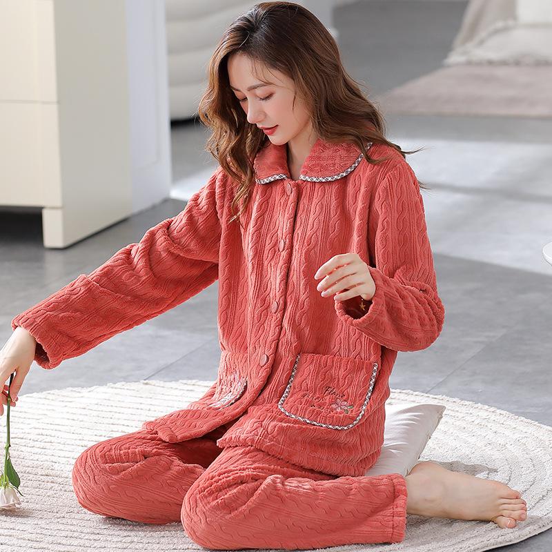 Women's Plus Size Thick Coral Fleece Pajamas - Warm Flannel Homewear for Autumn and Winter