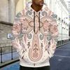 Men Plus Size Long Sleeve Drawstring Hoodie Blue White Printed Pullover With Kangaroo Pocket