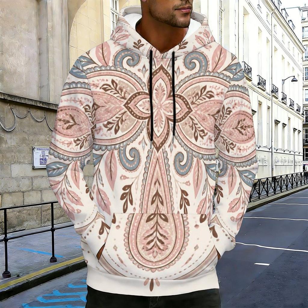 Men Plus Size Long Sleeve Drawstring Hoodie Blue White Printed Pullover With Kangaroo Pocket