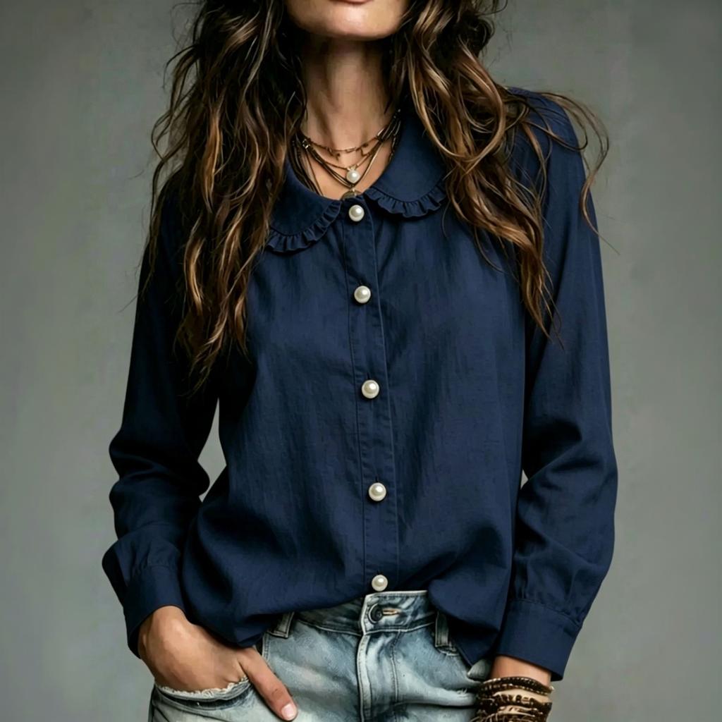 Women's Casual Loose Fit Long Sleeve Blouse with Doll Collar Ruffle Buttons
