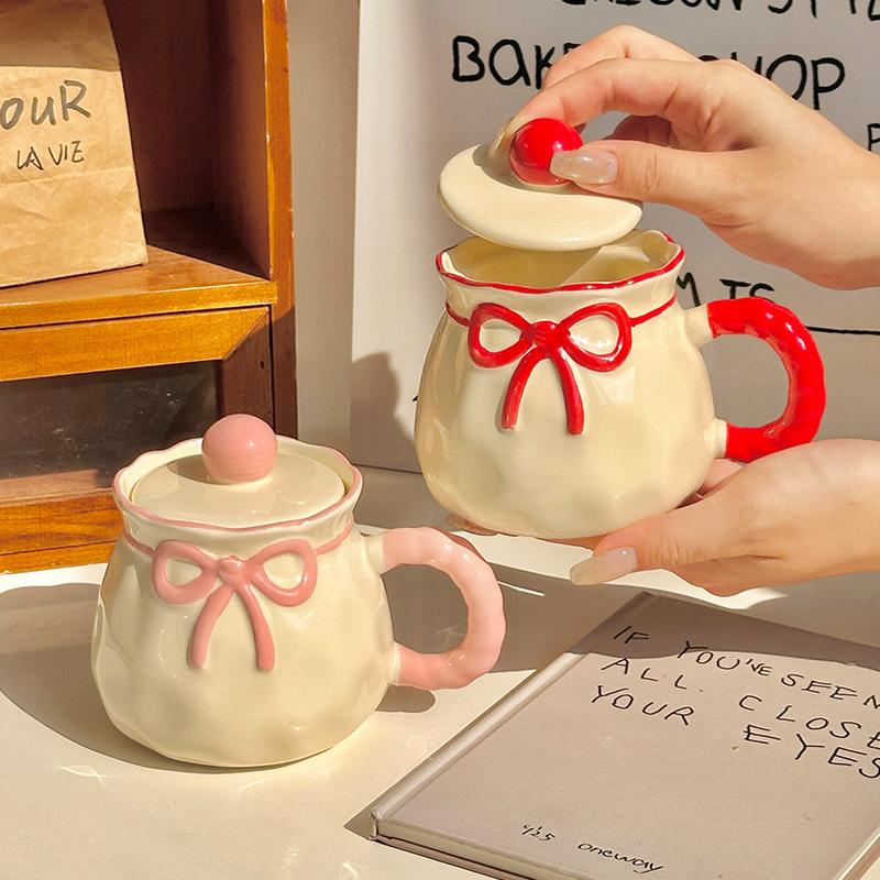 High-value Bow Ceramic Mug, New Couple Water Cup, Office Breakfast Cup, Female Birthday Gift