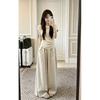 Korean Lazy Style Crew Neck Front Shoulder Short Sleeve Shirt Top High Waist Wide Leg Casual Pants Two-piece Set