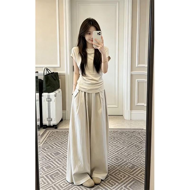 Korean Lazy Style Crew Neck Front Shoulder Short Sleeve Shirt Top High Waist Wide Leg Casual Pants Two-piece Set