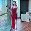 Elegant French V-Neck Spaghetti Strap Golden Velvet Slit Dress for Women - 2026 Autumn/Winter Collection