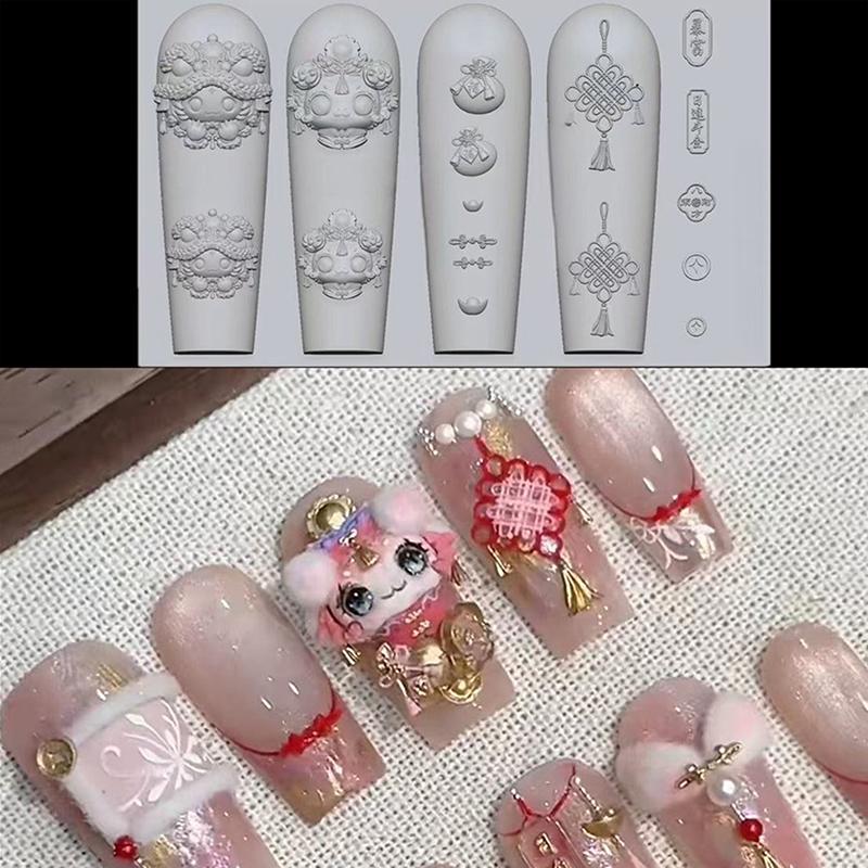 Chinese New Year Lovely Awakened Lion 3D Silicone Nail Accessories Carving Mold Cute Bear Mold Manicure Decorations Diy Template