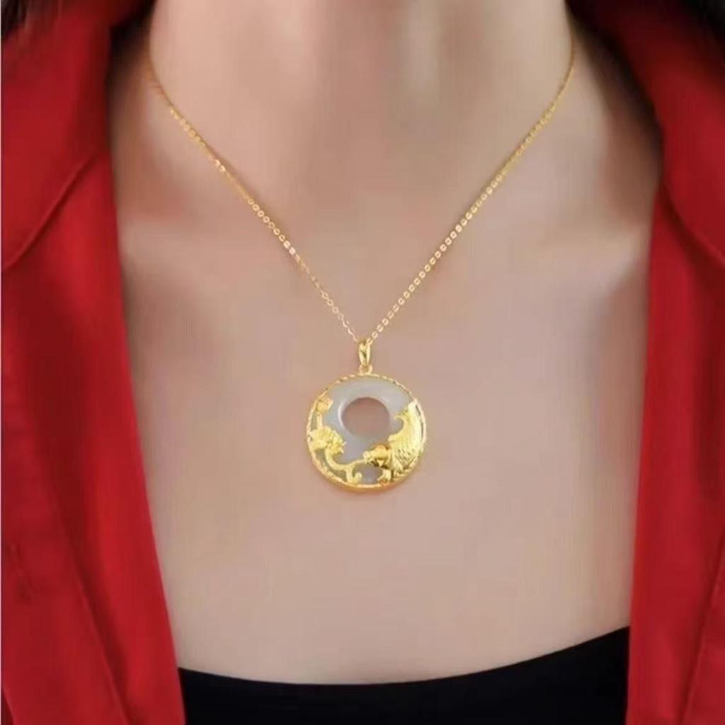 Versatile Gold Lotus Fish Pendant with White Jade O-shaped Chain Necklace for Women
