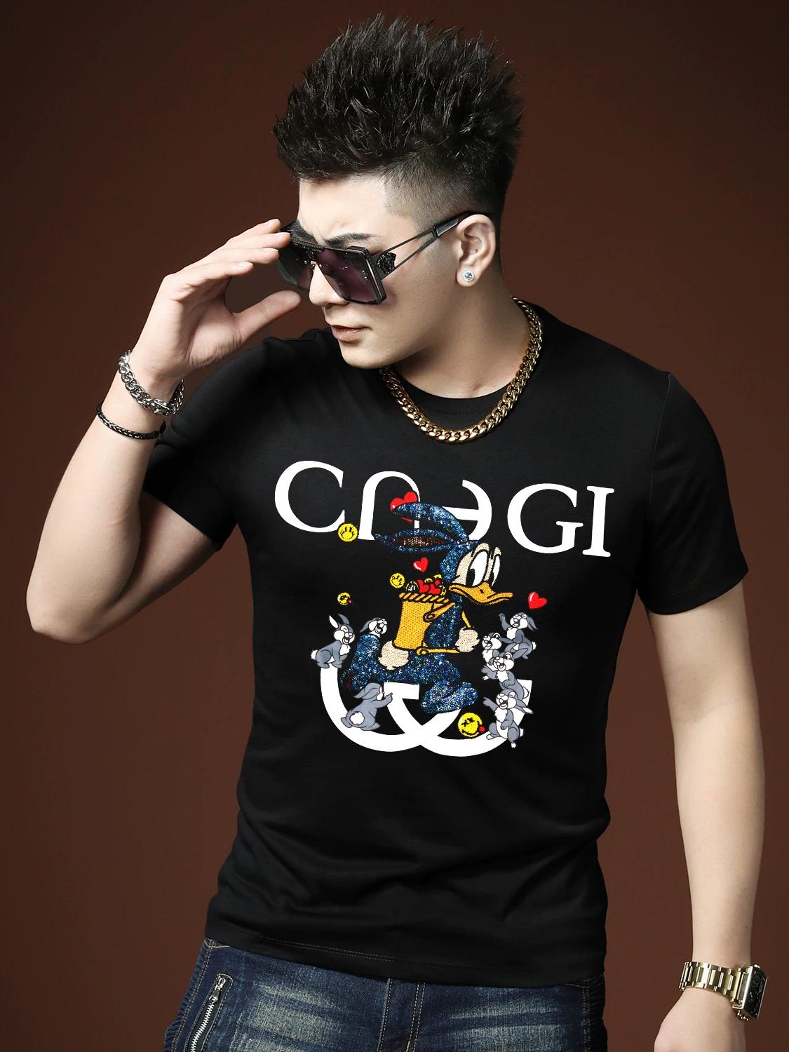 

European Summer New Casual Round Neck Short-Sleeve Base Shirt Men s Trendy Cartoon Print T-Shirt L чёрный