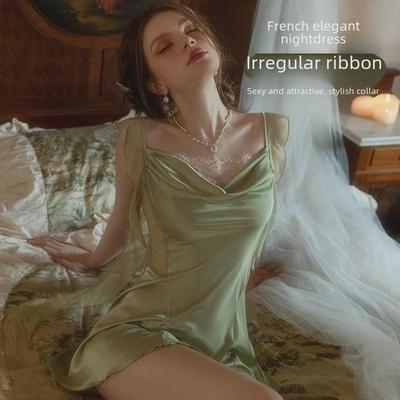 Women's Sexy Pajamas: Ice Silk Swaying Collar, Luxurious Mesh Suspender Nightgown with Outer Robe