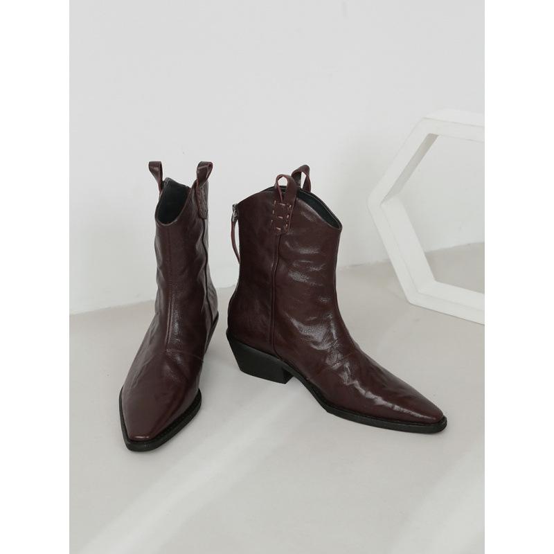 

London Holiday~ Stylish pointed V-mouth thin thick heel wrinkled western short boots women 40