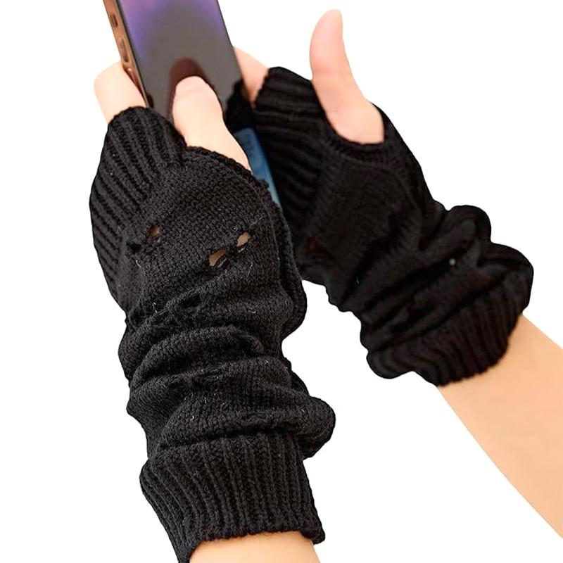 1Pair Fingerless Gloves Half-Finger Hollow Heart Soft Flexible Wool Warm Solid Color Knitted Cold-proof