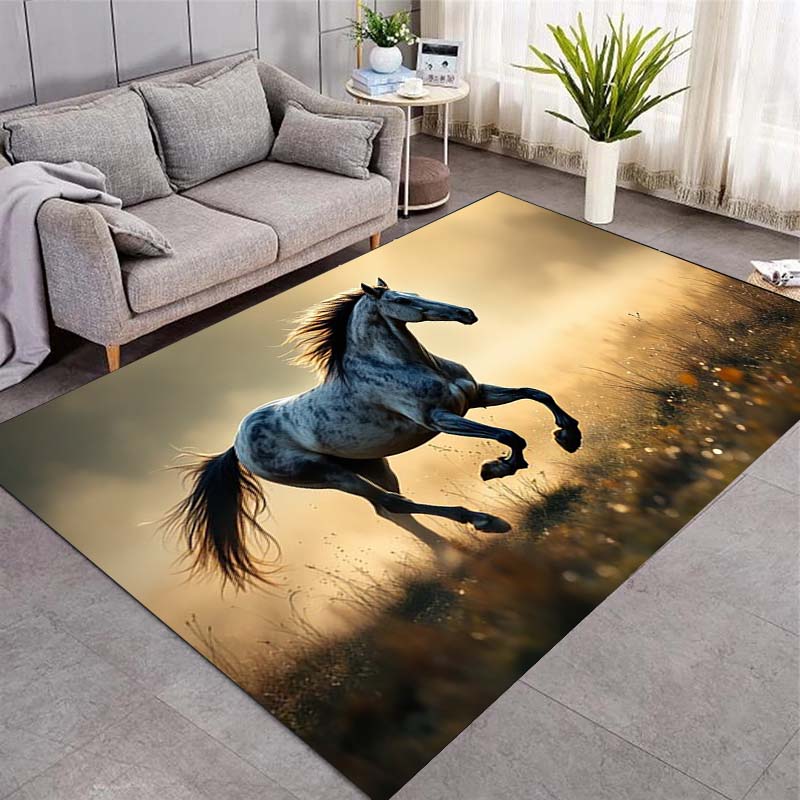 Single Galloping Brown Horse Sunset Meadow Print Area Rug Wildlife Animal Non‑Slip Rectangular Floor Mat Horse Lover Bedroom Home Decor Rug
