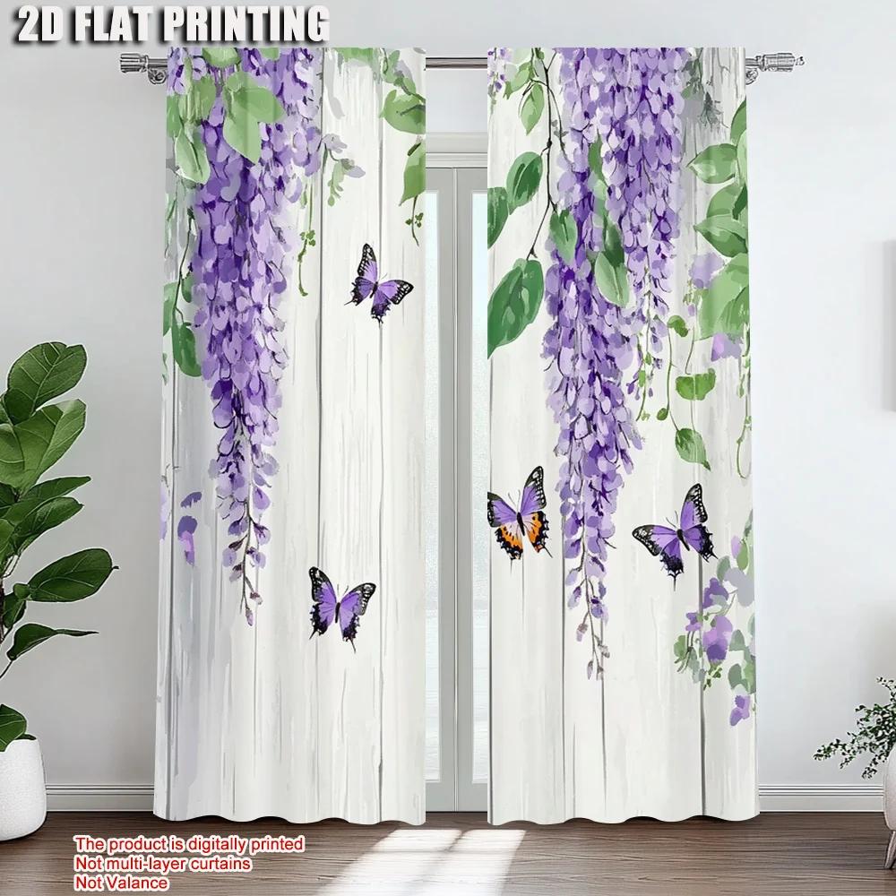 2pc    Window Curtains Charming Wisteria and Butterfly Versatile Polyester  Without Electricity summer party decorations for