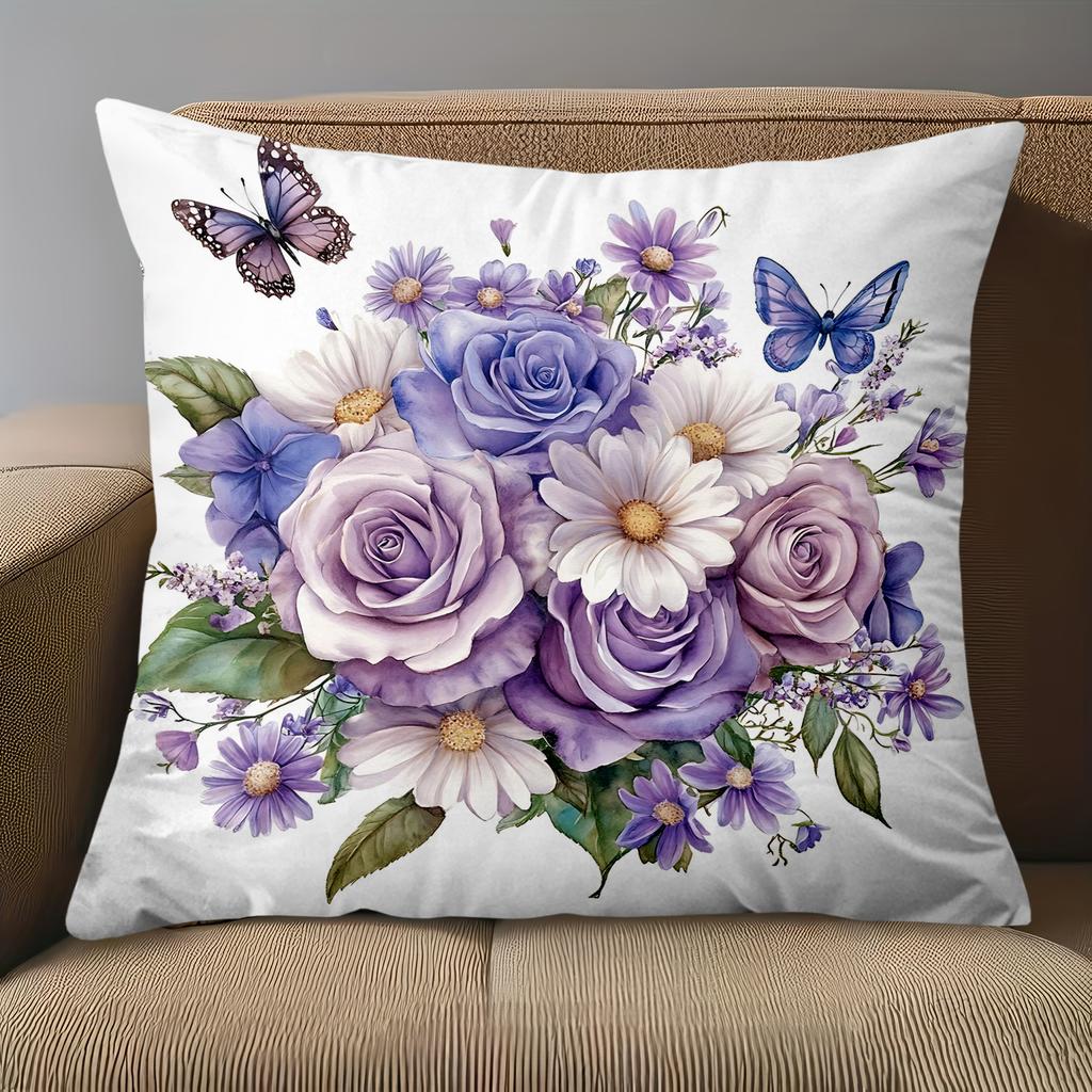 1 Pieces Purple Flowers Roses Butterflies Printed Pillowcase Polyester pillowcase, sofa decorative cushion cov Headboard Pillow