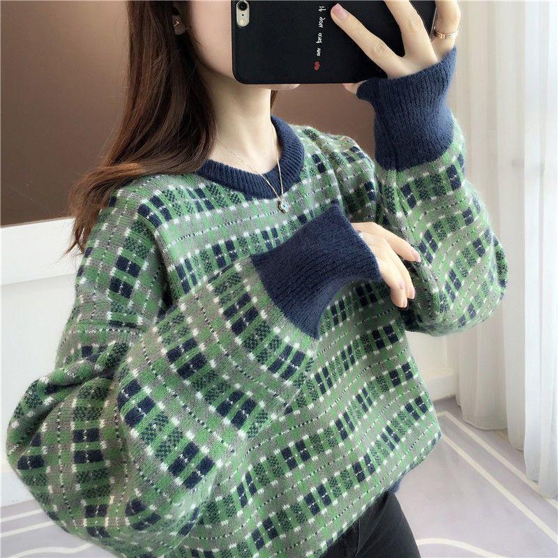 Round Neck Sweater Women's New Korean Version Loose and Lazy Style Western-style Short Knit Base Sweater with Inner Lining