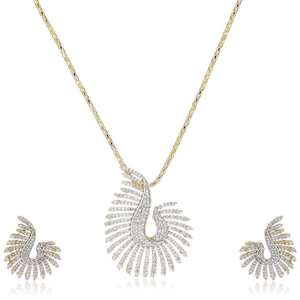 Estele Designer Gold Plated CZ Pendant Necklace Chain Earrings Set For Women