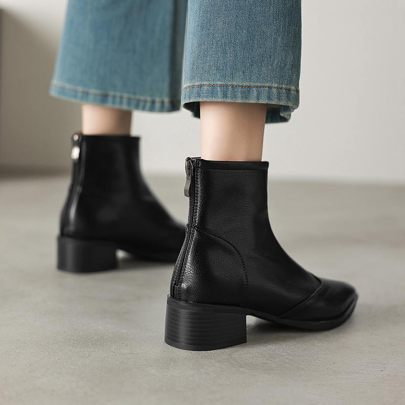 Krazing Pot Sheepskin Winter Round Toe Chelsea Boots Med Heels Zipper Carving Decoration Women Ankle Boots
