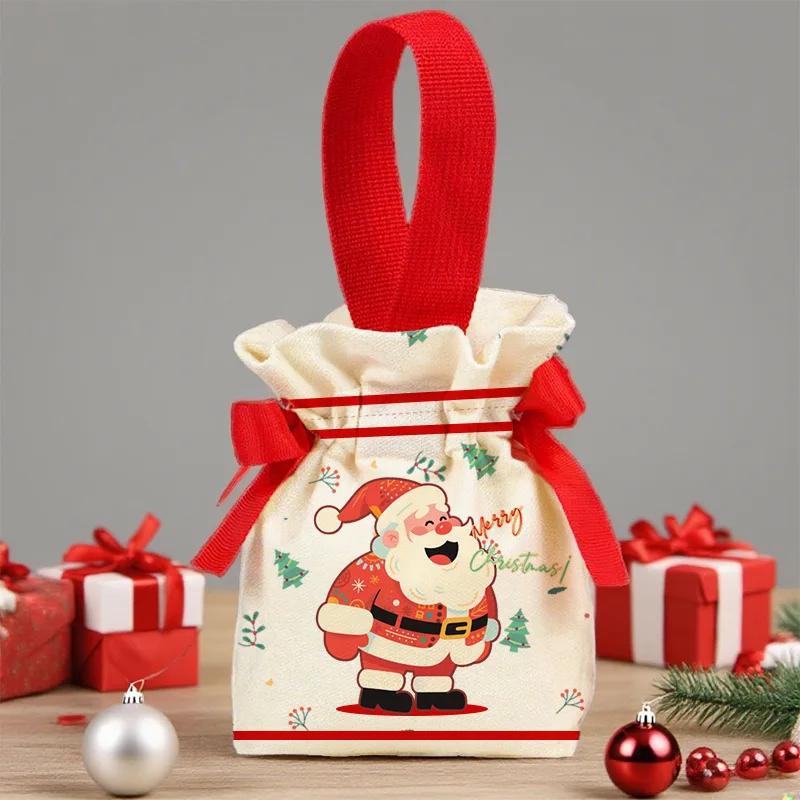 Christmas Canvas Drawstring Bag Christmas Candy Gift Packaging Bag Cartoon Handbag for Apple DIY New Year Xmas Home Party Supply