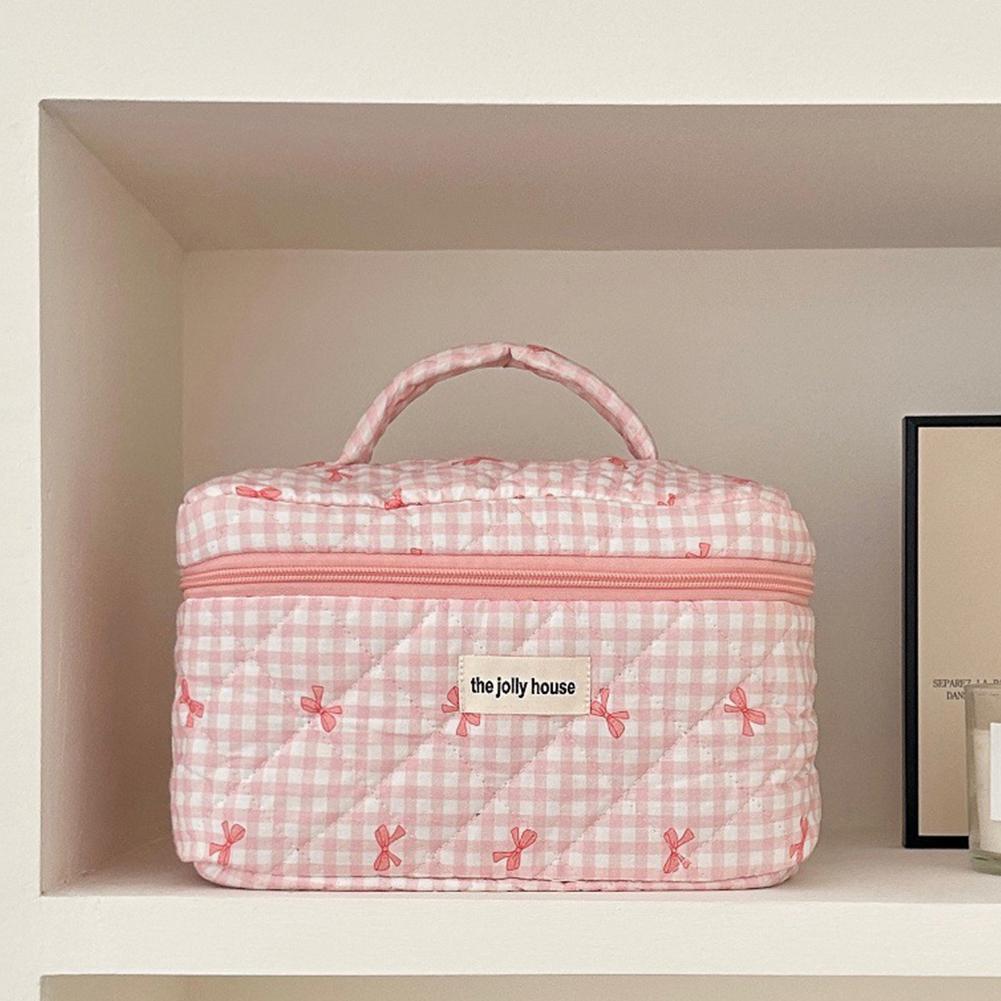 Checkered Cute Bow Travel Makeup Pouch with Zipper Toiletry Bag Cotton Quilted Cosmetic Organizer Case for Women and Girls