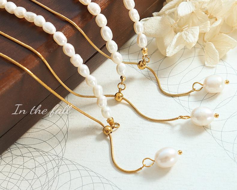 Retro Design Necklace: Titanium Steel with French Freshwater Pearl & Adjustable Tassel Pendant, Non-fading.