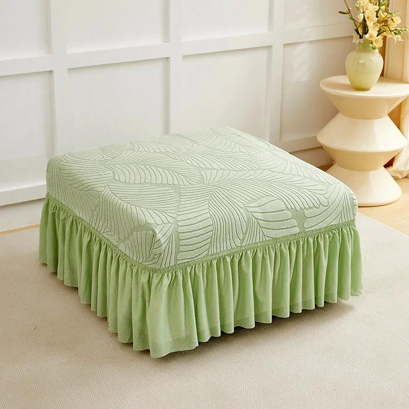 Jacquard Vierkante Poefhoes met Rok Voetenbankhoes Allesomvattende Alle Seizoenen Voetenbankhoes voor Woonkamerdecoratie 1 PC