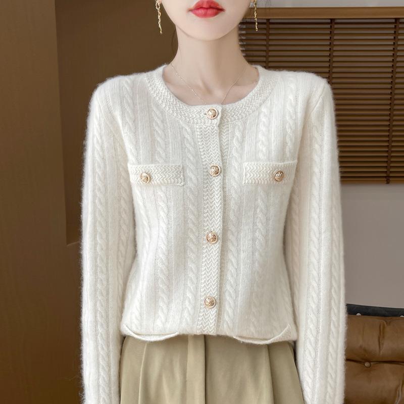 New Autumn and Winter Style Pure Wool Round Neck Knitted Cardigan for Women's Fashionable Versatile and Comfortable Cashmere Sweater Jacket