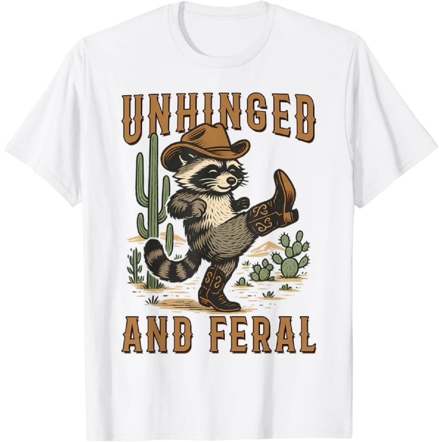 HUYTEDX Unhinged and Feral Summer Funny Raccoon Cowboy Hat Western T-Shirt S