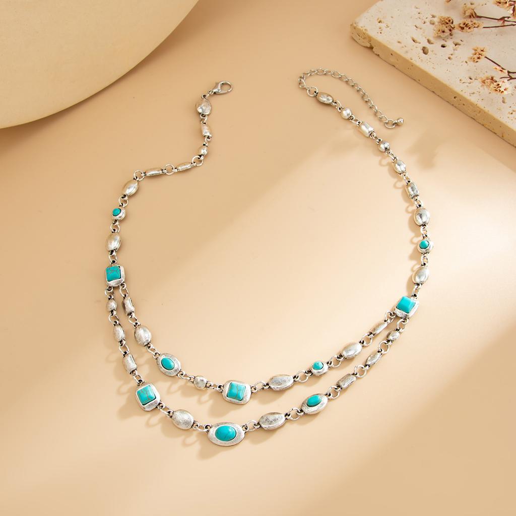 Fashion Imitation Turquoise Metal Choker Necklace Double Layered Boho Style Adjustable Chain for Everyday Wear Women Jewelry