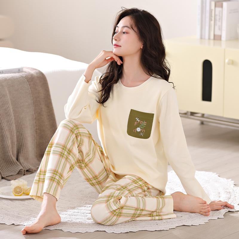 Pajamas Women'S Pure Cotton Long-Sleeved Trousers Can Be Worn Outside With Chest Pads Loungewear Suit Women