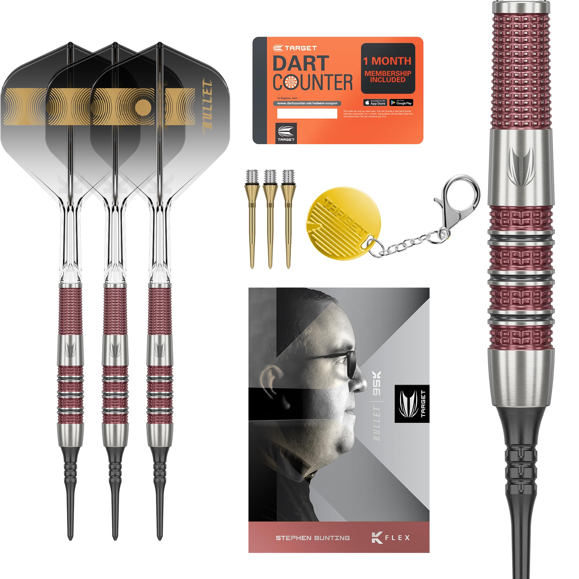 

Набір дартсів TARGET Stephen Bunting 95K з м яким наконечником, 19 г | Оперення та стрижні Kflex, Куляста версія гравця 95% вольфраму, Перетворювальні наконечники SWISS та