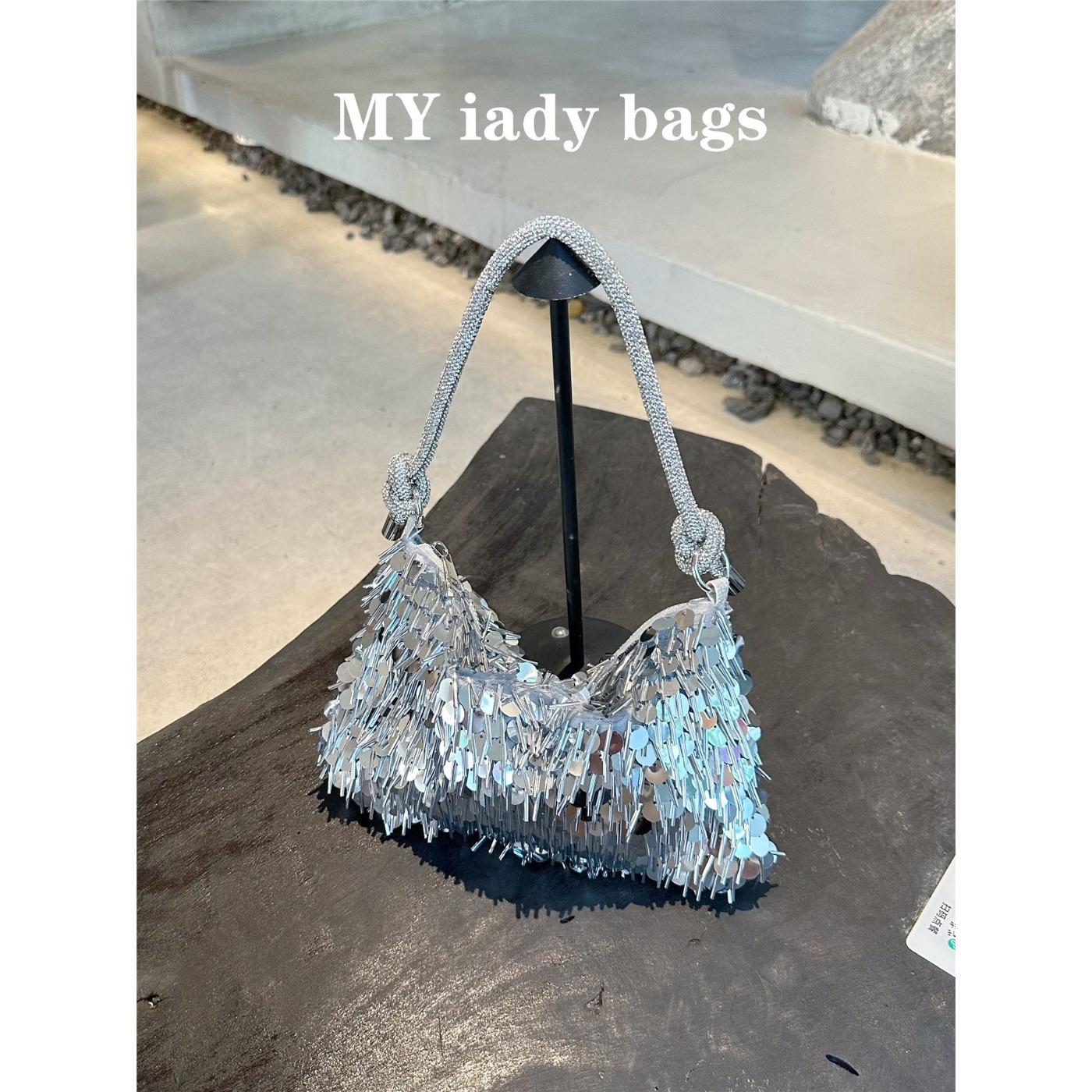 Vintage silver sequined bag glitter fringed portable vintage messenger chain shoulder bag women s small bag dinner bag Length 24, width 5, height 14cm серебряный