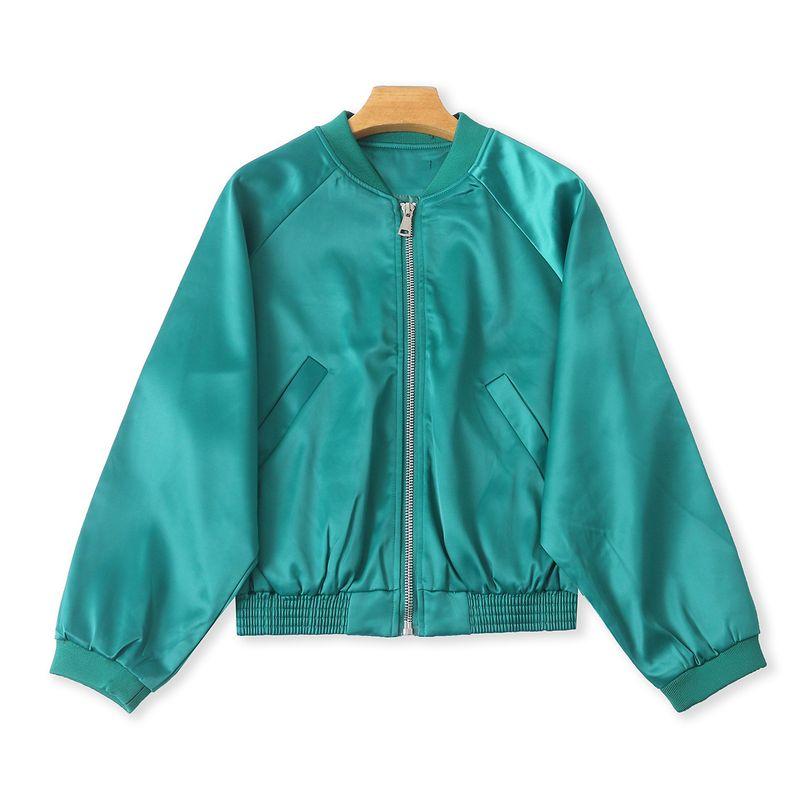 

Satin Jacket Autumn New Foreign Trade Women clothes Small Stand Collar Zip-up Long sleeve Slimming Baseball Uniform 32564 Green B- 11-22-5 XL