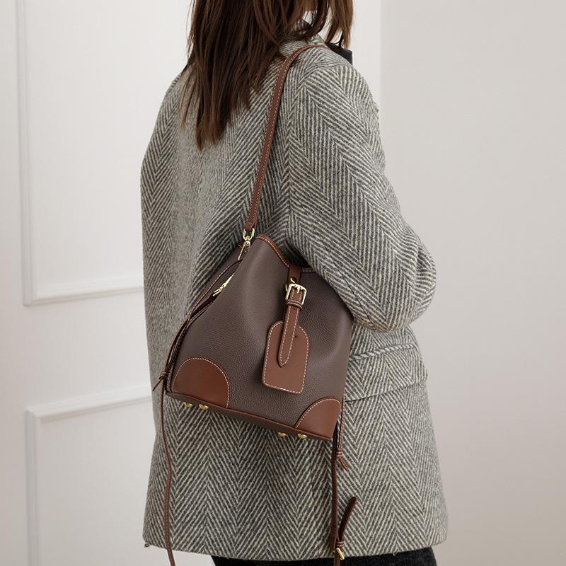 Genuine Leather Color Matching Bucket Bag Ladies Hand Bags New Trendy and Versatile Women's Bag Niche Leather Bag
