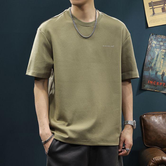 2025 Men's Summer Heavyweight Drop Shoulder T-Shirt - Trendy American Style Casual Solid Color Half Sleeve Top