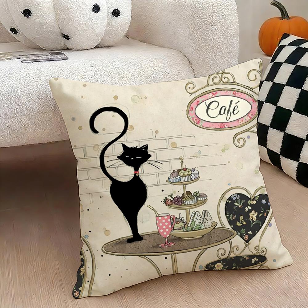 Cartoon little black cat cute Cushion Cover Natural Linen Double Sided Print Throw Pillow Case for Sofa Couch Home Decor