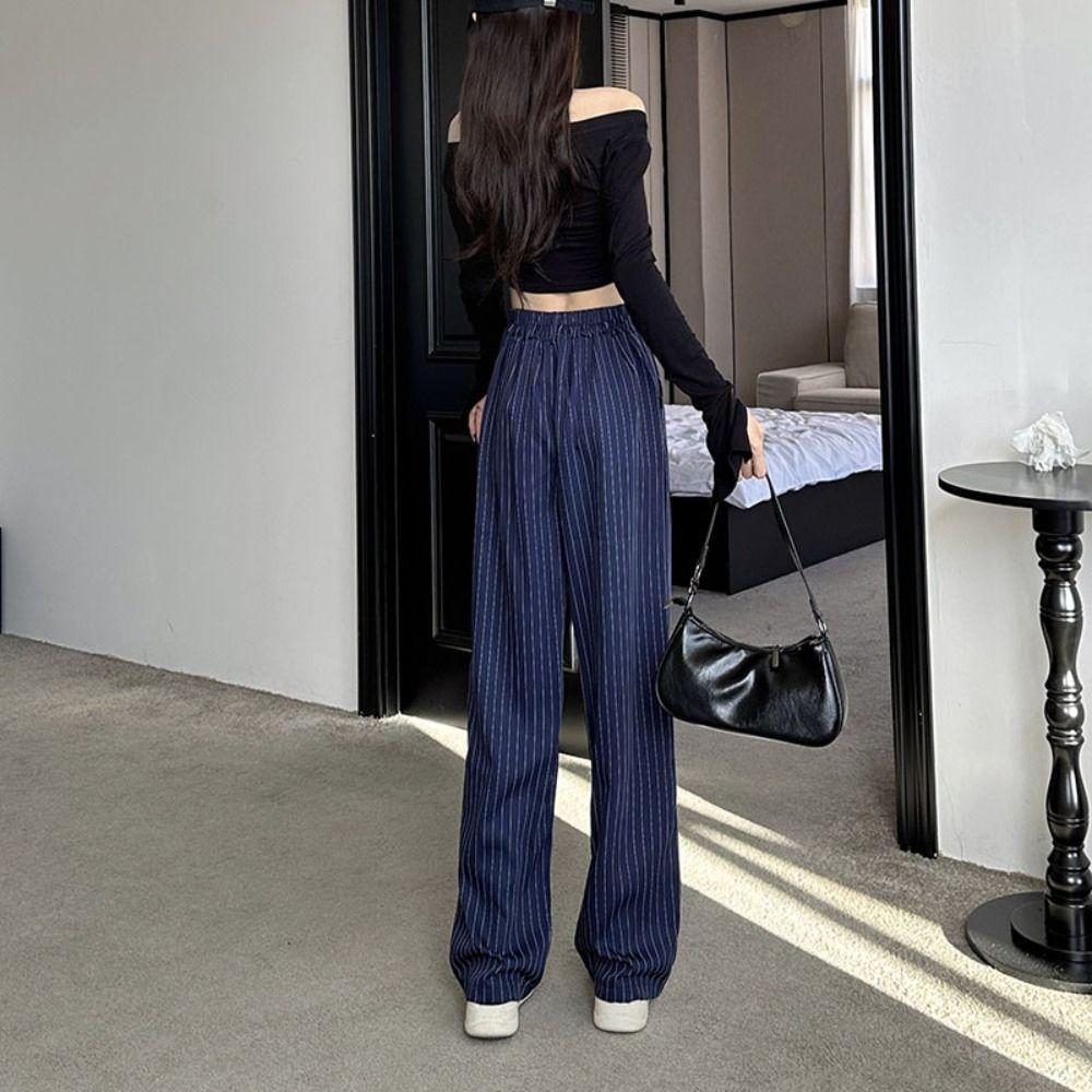 Workout Trousers Casual Pants Women High Waist Wide Leg Pants Breathable Striped Suit Pants Female